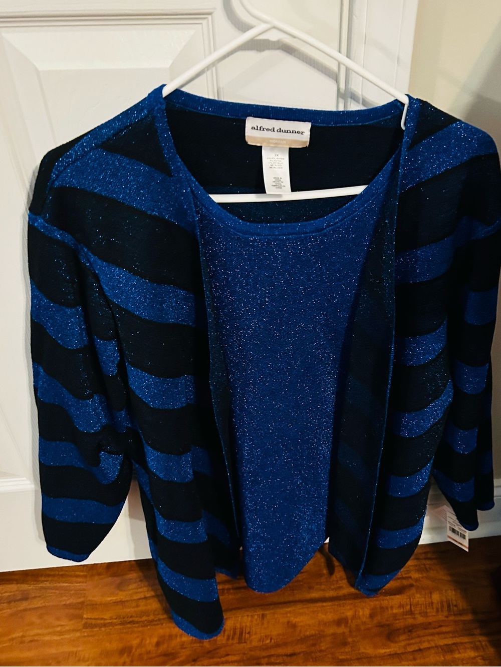 Alfred Dunner Sparkling Royal Blue & Black Striped Knit Sweater Set
